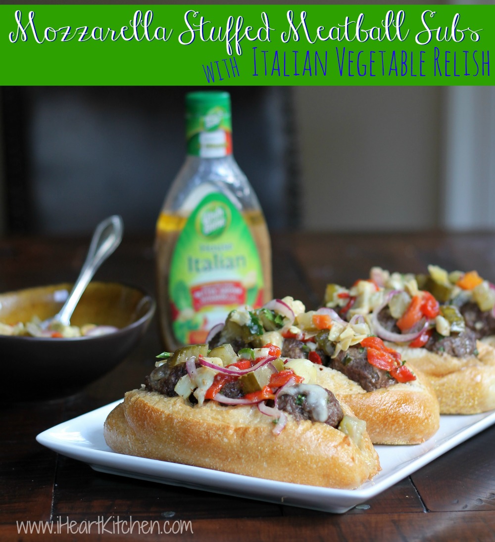 Mozzarella Stuffed Meatball Subs with Italian Vegetable Relish -