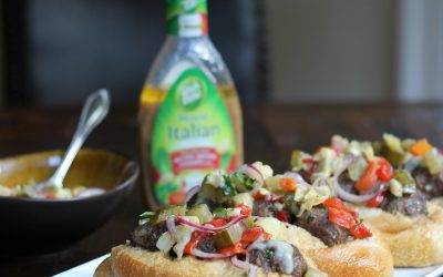 Mozzarella Stuffed Meatball Subs with Italian Vegetable Relish