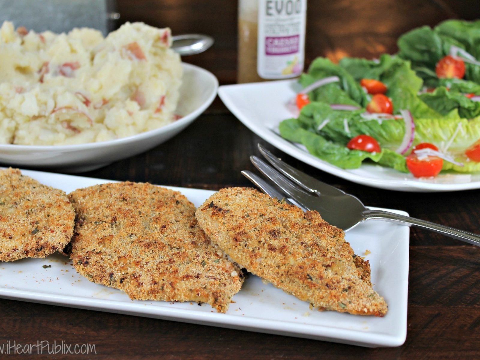 Crispy Caesar Chicken Breasts, Garlic Smashed Potatoes & Romaine Salad – Delicious And Easy With The New Wish-Bone E.V.O.O. Dressings!