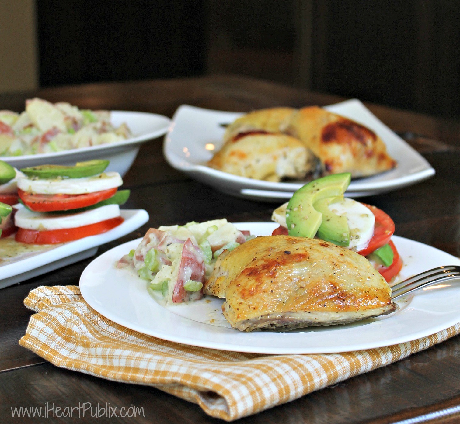 GARLIC BASIL MOZZARELLA STACKER, HERBED MARINATED CHICKEN -20 MINUTE POTATO SALAD