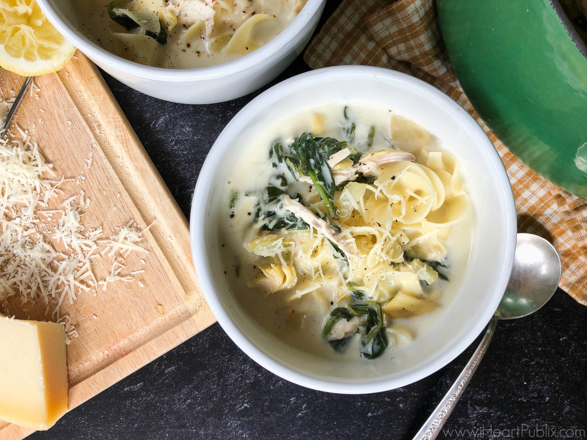 Chicken Spinach and Artichoke Noodle Soup Bowl on I Heart Publix