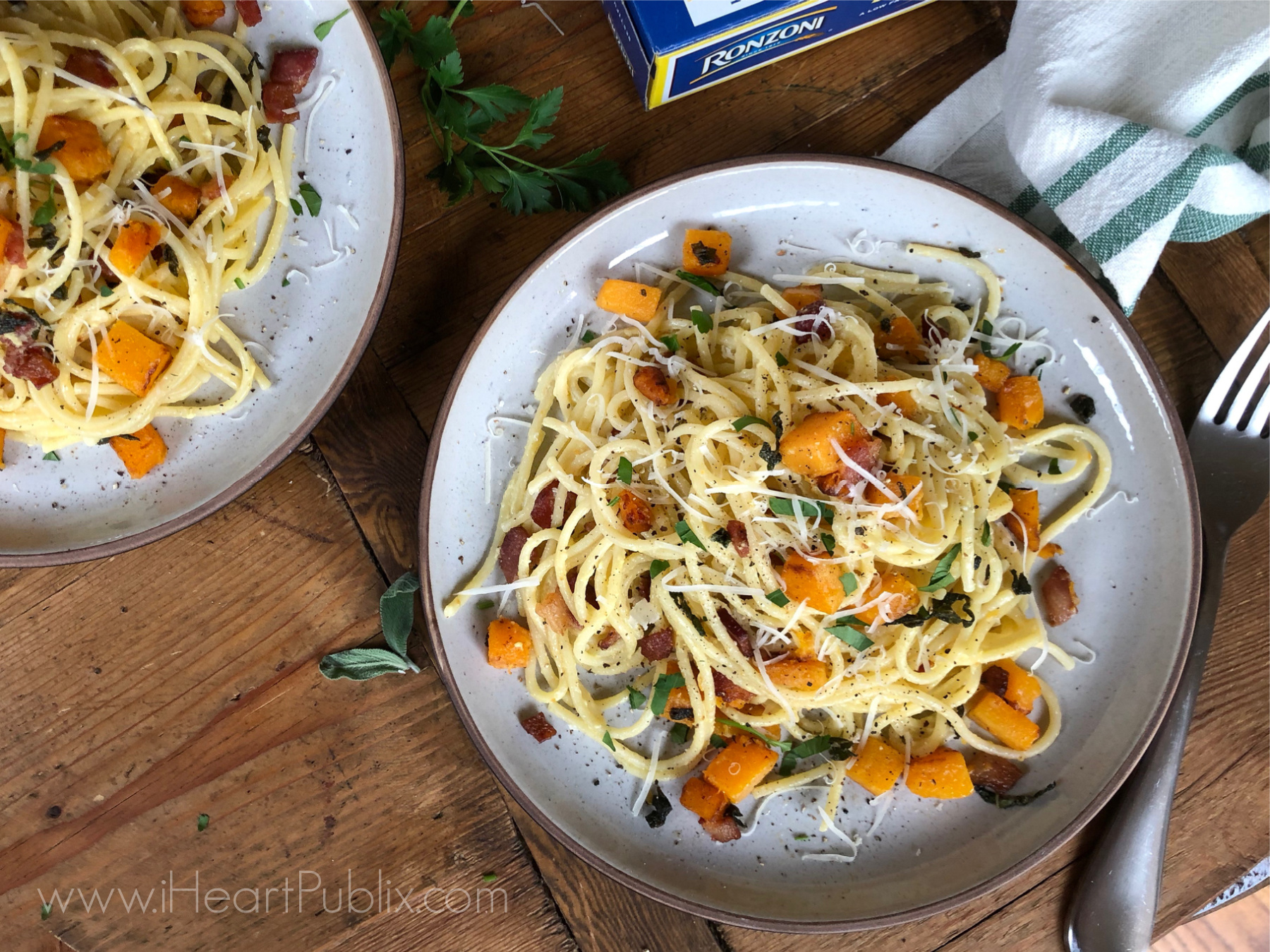 Spaghetti Carbonara with Bacon, Butternut Squash and Sage on I Heart Publix