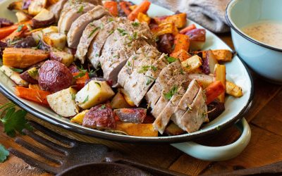 Sheet Pan Rosemary Pork Tenderloin With Roasted Veggies & Dijon Aioli