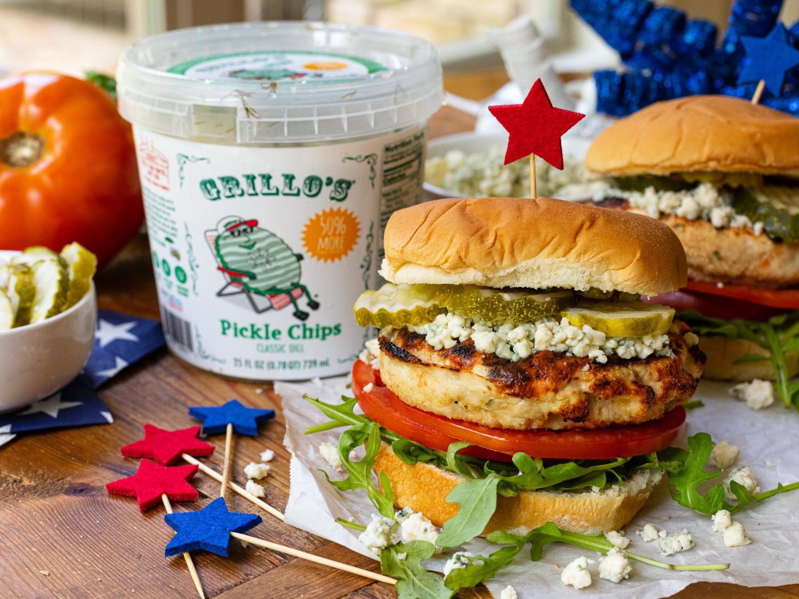 Pick Up Grillo’s Pickle Chips & Serve Up My Red, White & Bleu Grilled Chicken Burger At Your 4th Of July Celebration