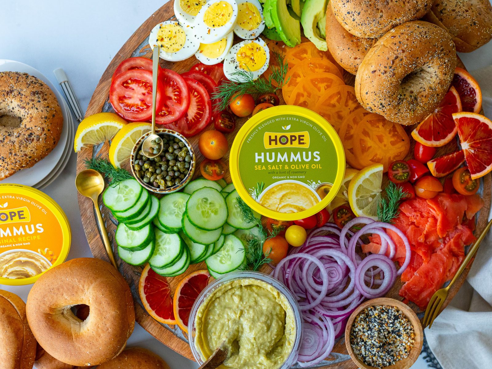 HOPE Hummus Makes Entertaining Easy & Delicious- Buy One, Get One FREE (Perfect For A Tasty Bagel Board!)
