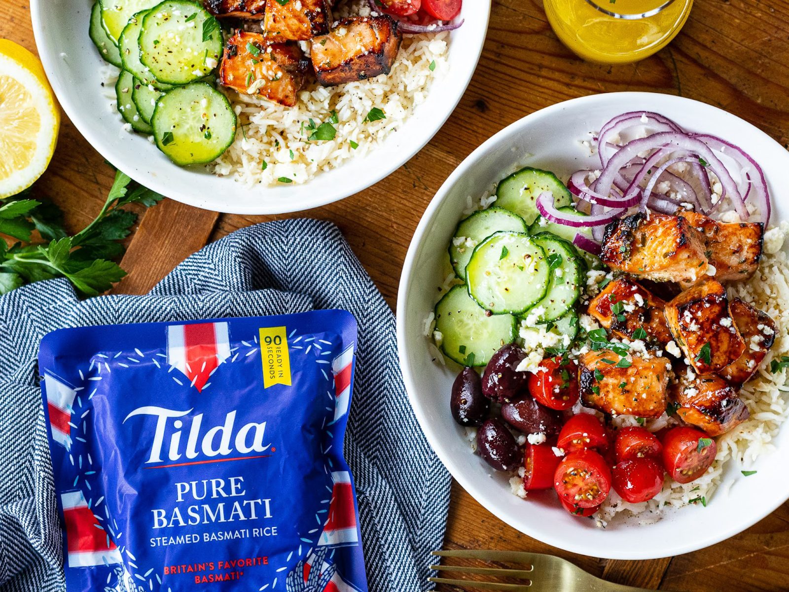 Grab Delicious Tilda® Ready to Heat Rice For My Mediterranean Salmon Rice Bowl