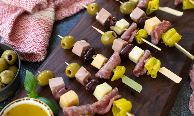 Easy Muffuletta Skewers Using Lindsay Organic Olives, Fiorucci All Natural Salami, and Cabot Cheddar Cheese – Save On All Three at Publix
